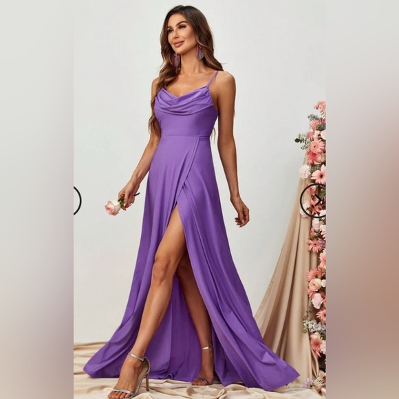 Faeriesty Dresses & Skirts - Faeriesty Elegant Purple cowl drape neck spaghetti strap slit Evening Gown XL